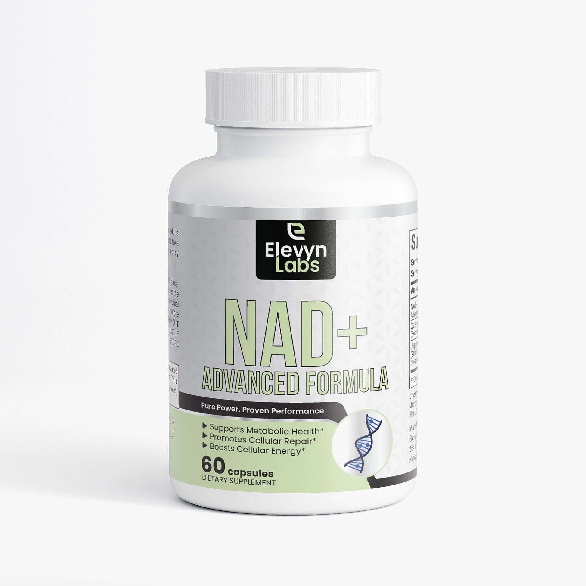 NAD+ ADVANCE FORMULA dietary supplement bottle with 60 capsules for enhanced energy and metabolic support.