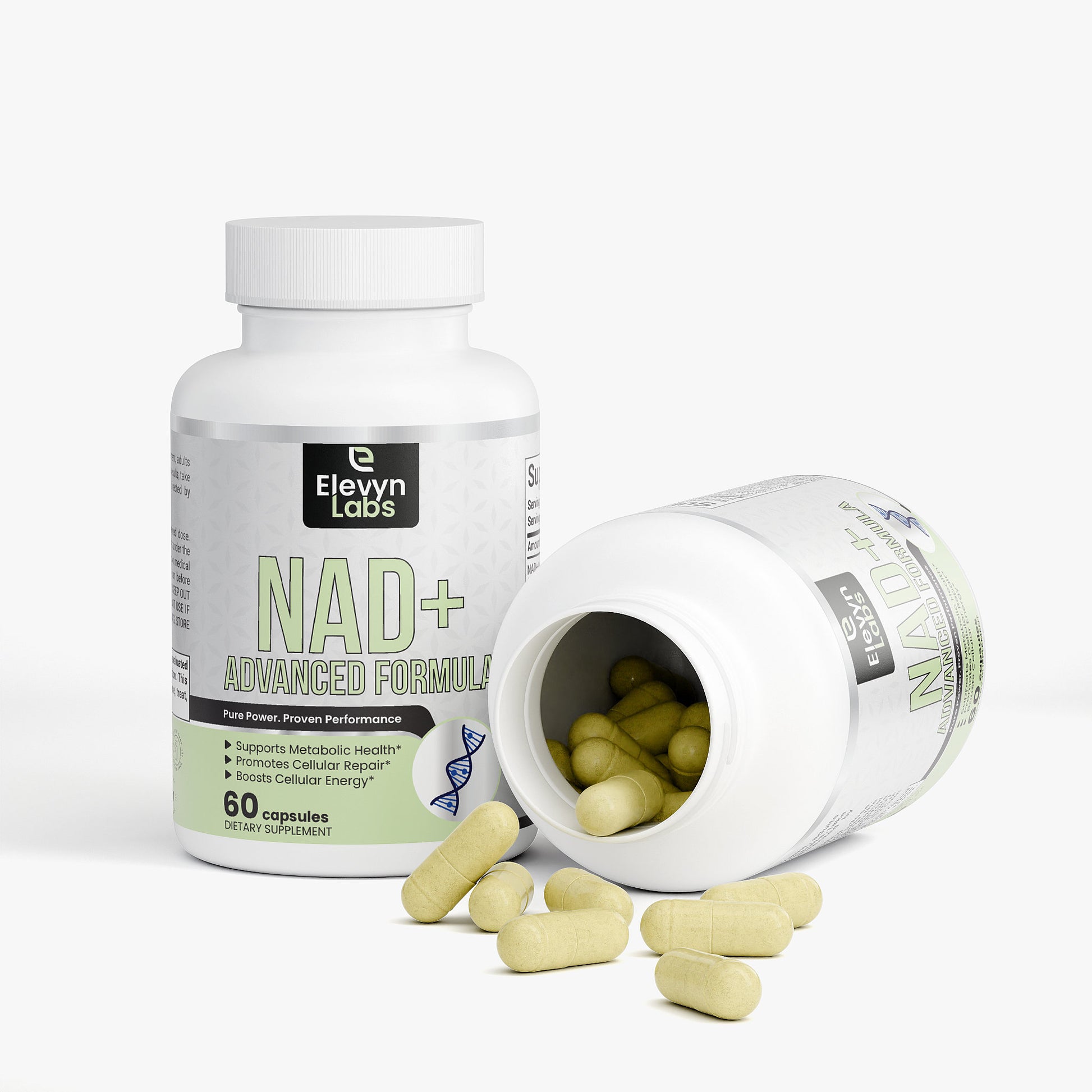 NAD+ ADVANCE FORMULA bottle with capsules for improved energy and cognitive performance.