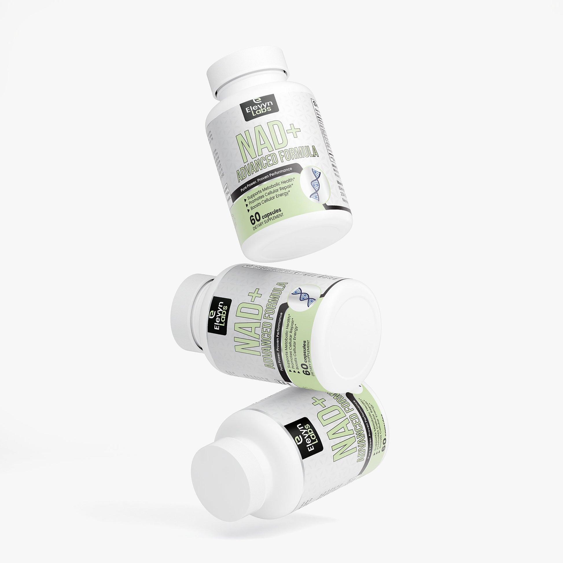Three bottles of NAD+ ADVANCE FORMULA dietary supplements, promoting energy and cellular efficiency.