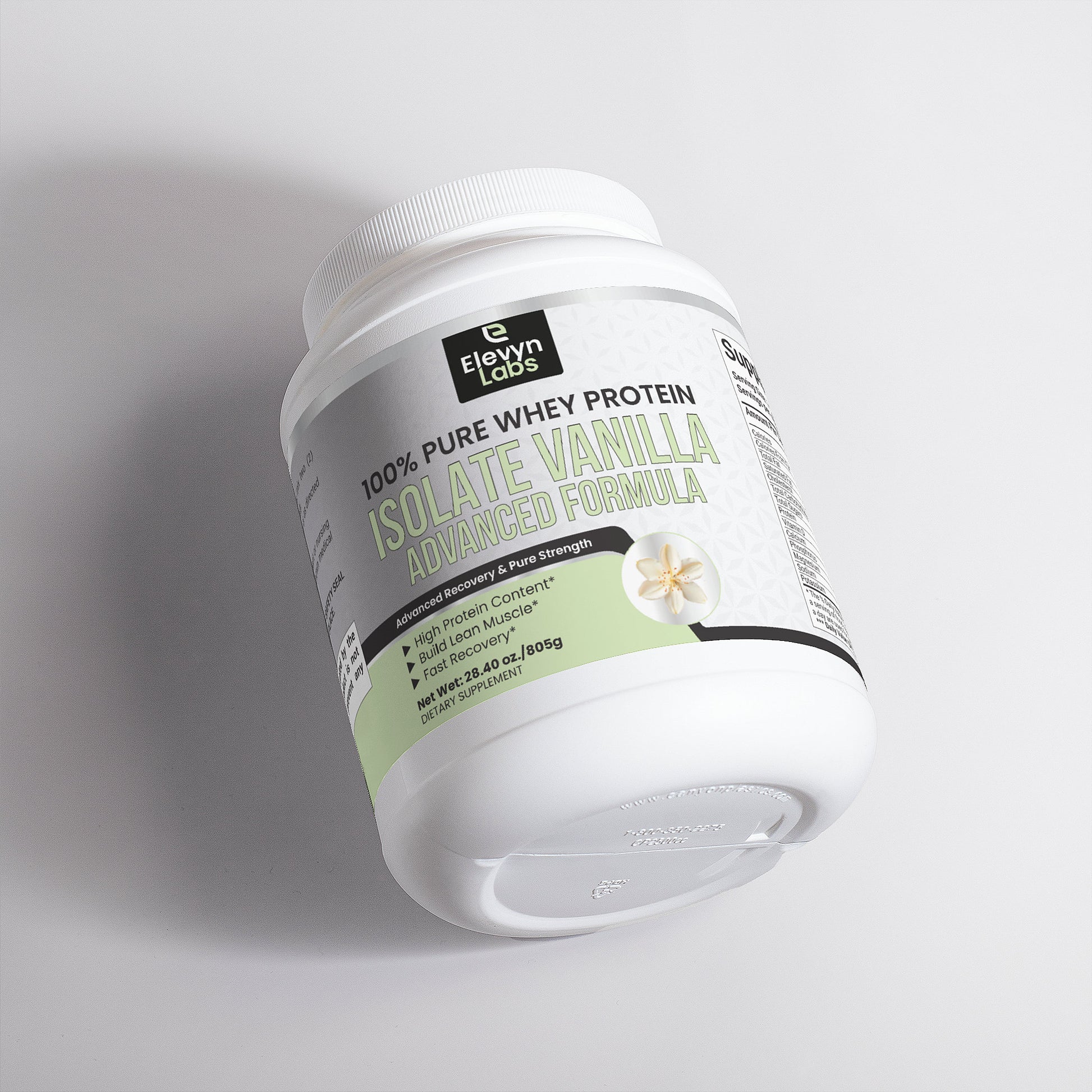 Container of Advanced 100 Whey Protein Isolate Vanilla by Elevn Labs on a white background.
